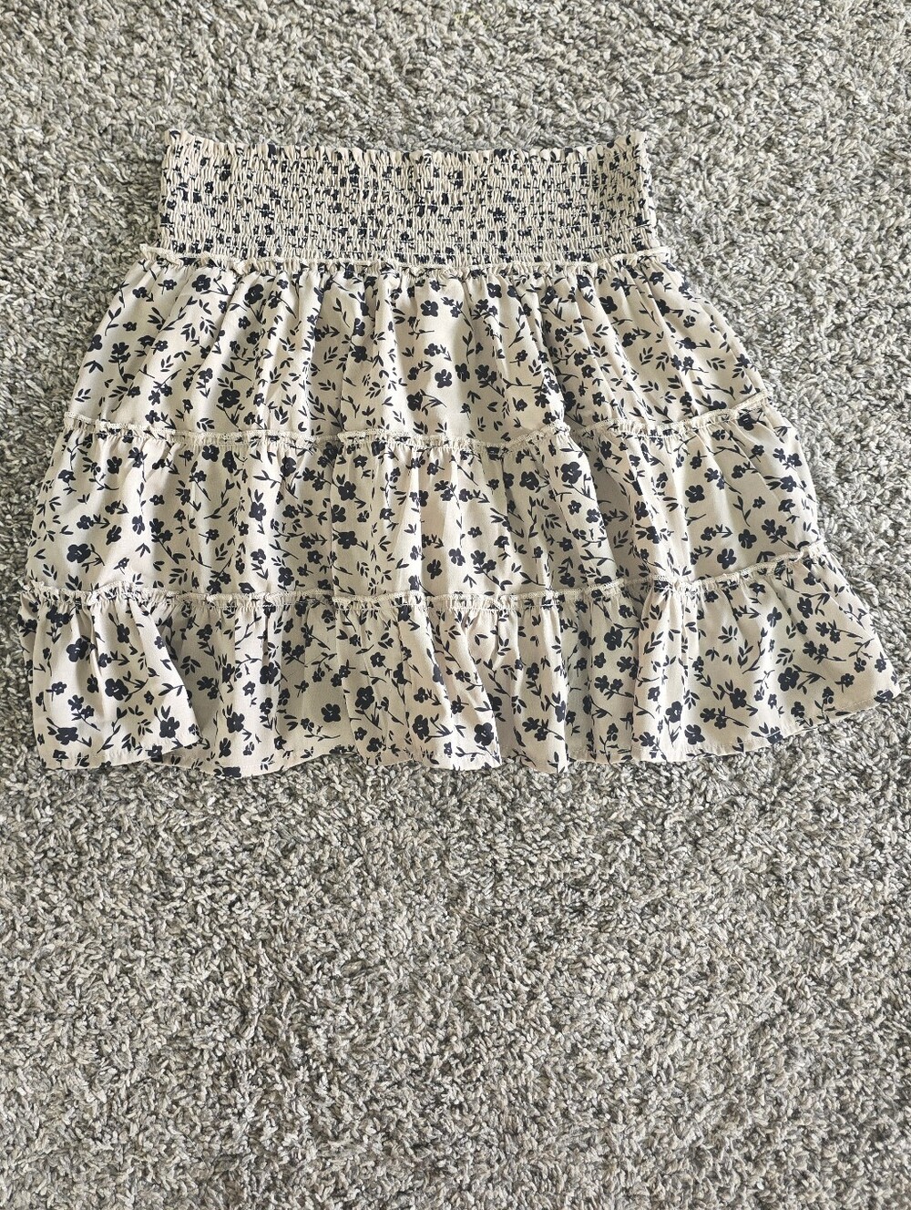 Pink Lily Smocked Waist Floral Tiered Mini Skirt - Cream with Black Floral